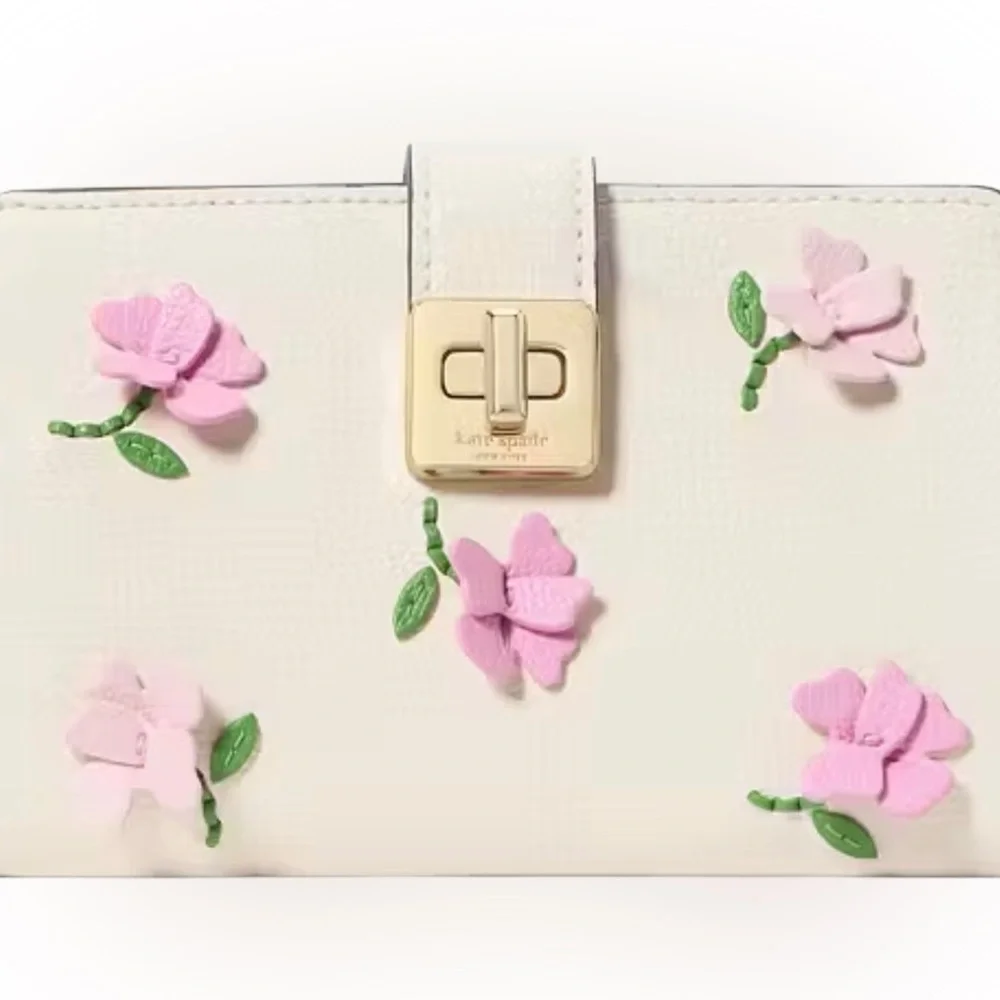 🌸 Kate Spade Phoebe Floral Applique Turnlock Medium Wallet - Picture 2 of 13